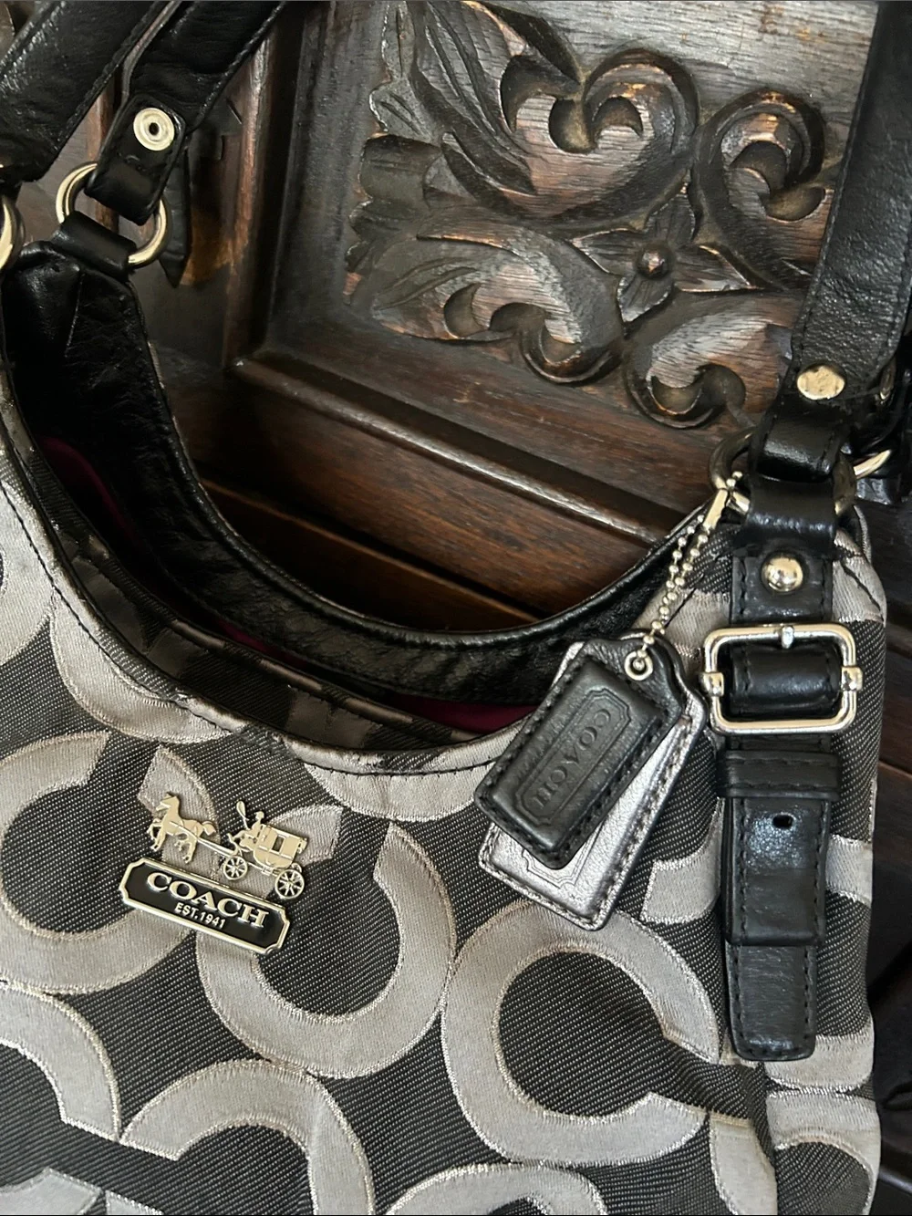 Coach Black & Gray Signature Canvas Shoulder Bag